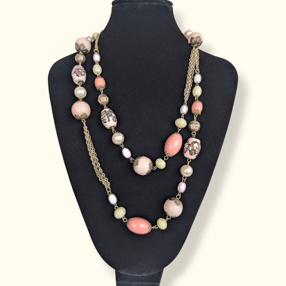 Vintage Pink & Yellow Pastel Ceramic Beaded Necklace